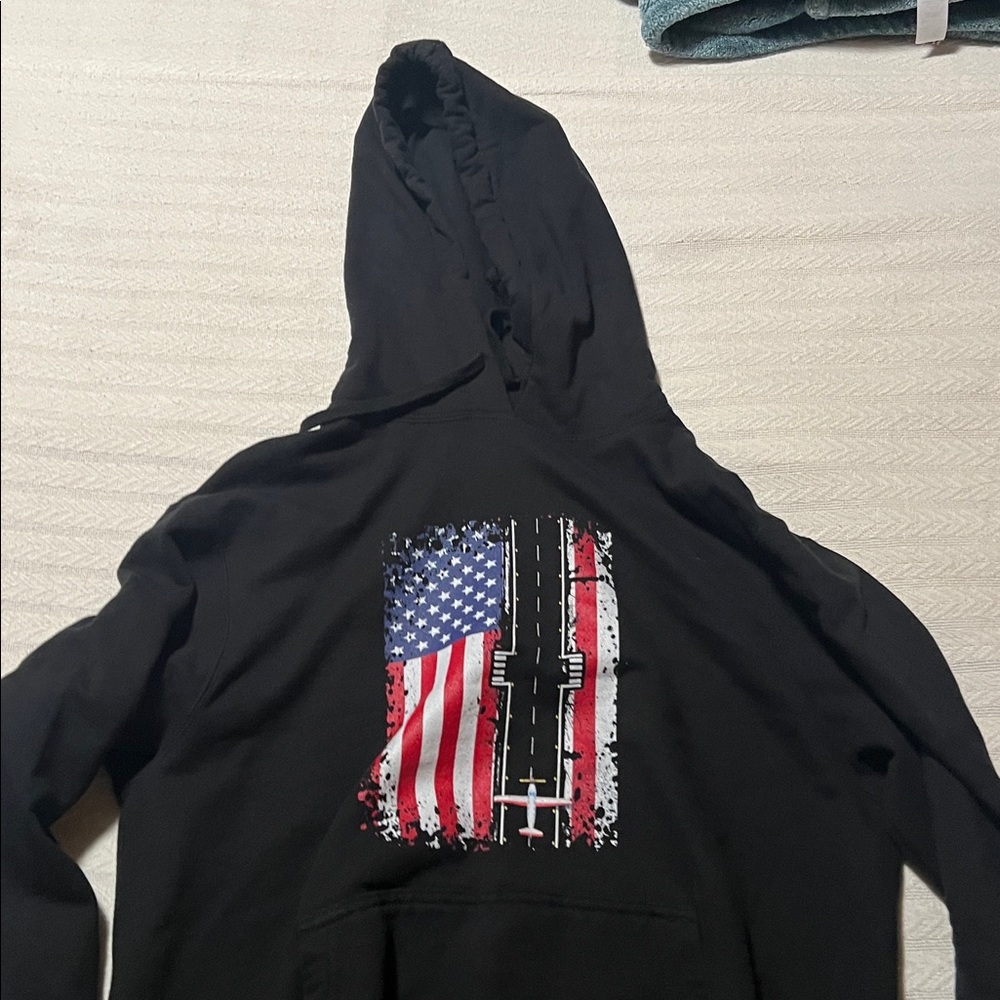 Adult Medium Black American Flag + Airplane Hoodie